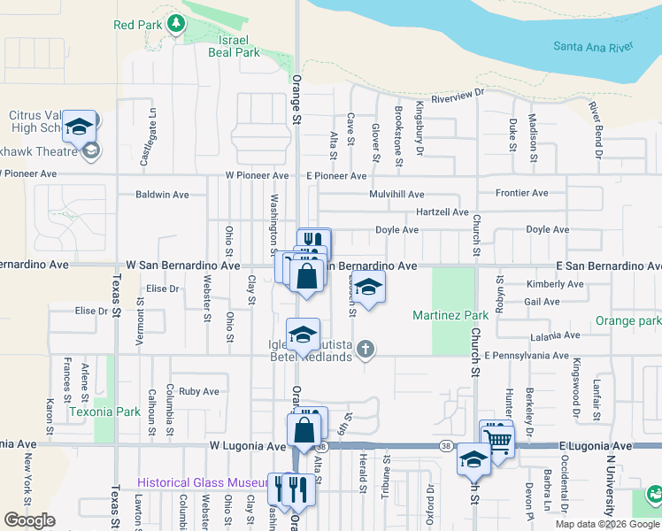 map of restaurants, bars, coffee shops, grocery stores, and more near East San Bernardino Avenue & Alta Street in Redlands