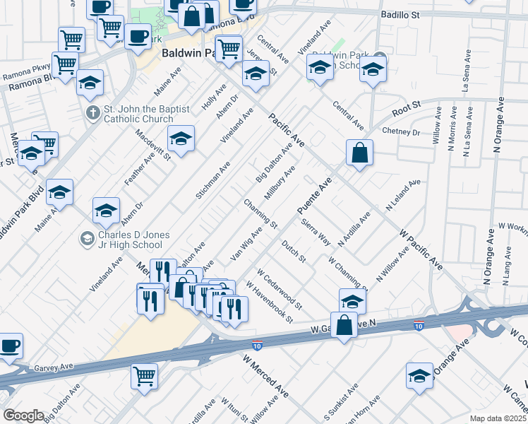 map of restaurants, bars, coffee shops, grocery stores, and more near 14644 Channing Street in Baldwin Park