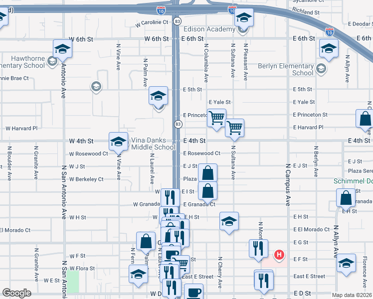 map of restaurants, bars, coffee shops, grocery stores, and more near 115 East Rosewood Court in Ontario