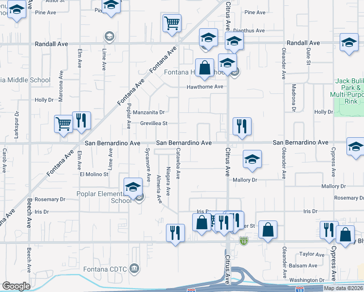 map of restaurants, bars, coffee shops, grocery stores, and more near 9715 Catawba Avenue in Fontana