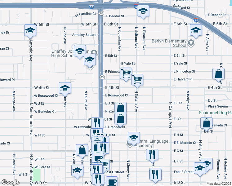 map of restaurants, bars, coffee shops, grocery stores, and more near 219 East Rosewood Court in Ontario