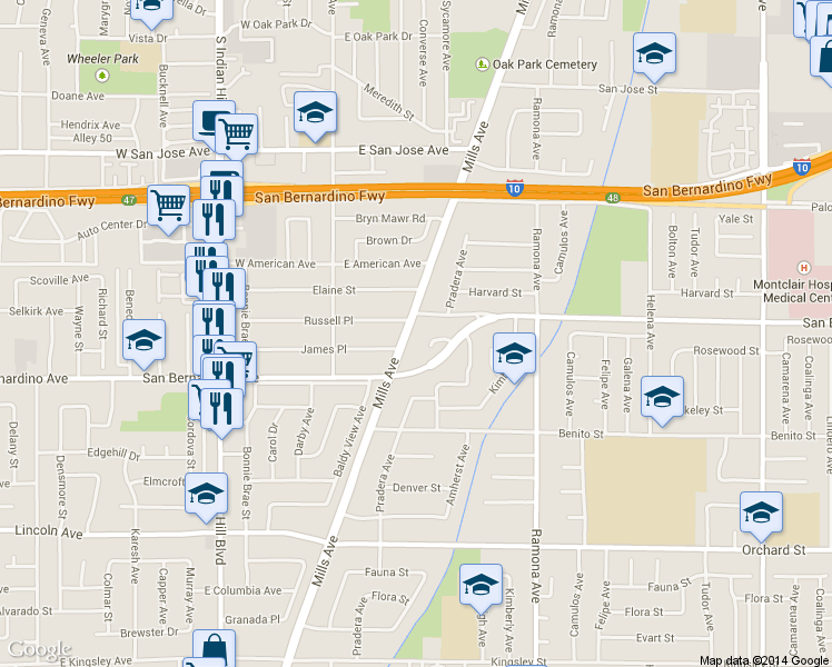 map of restaurants, bars, coffee shops, grocery stores, and more near 9733 South Mills Avenue in Montclair