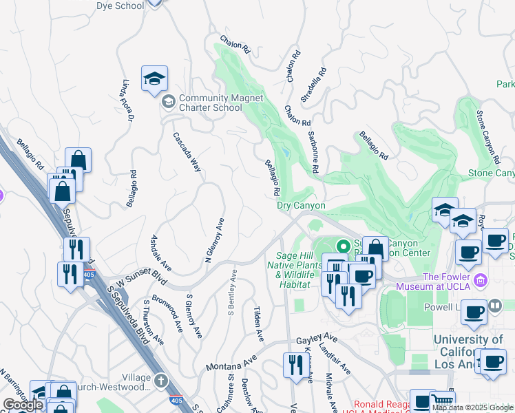 map of restaurants, bars, coffee shops, grocery stores, and more near 282 Bentley Circle in Los Angeles