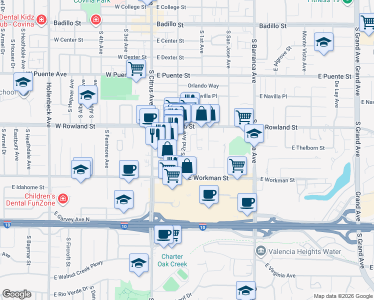 map of restaurants, bars, coffee shops, grocery stores, and more near 670 South 2nd Avenue in Covina