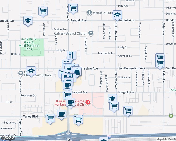 map of restaurants, bars, coffee shops, grocery stores, and more near in Fontana