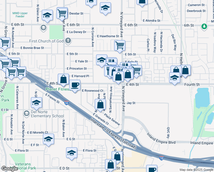 map of restaurants, bars, coffee shops, grocery stores, and more near 1817 East Rosewood Court in Ontario