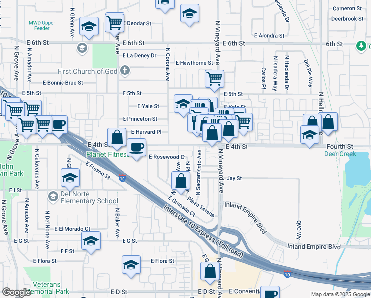 map of restaurants, bars, coffee shops, grocery stores, and more near 1817 East Rosewood Court in Ontario