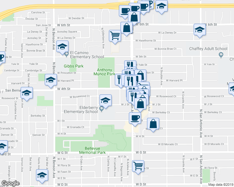 map of restaurants, bars, coffee shops, grocery stores, and more near 1155 West 4th Street in Ontario