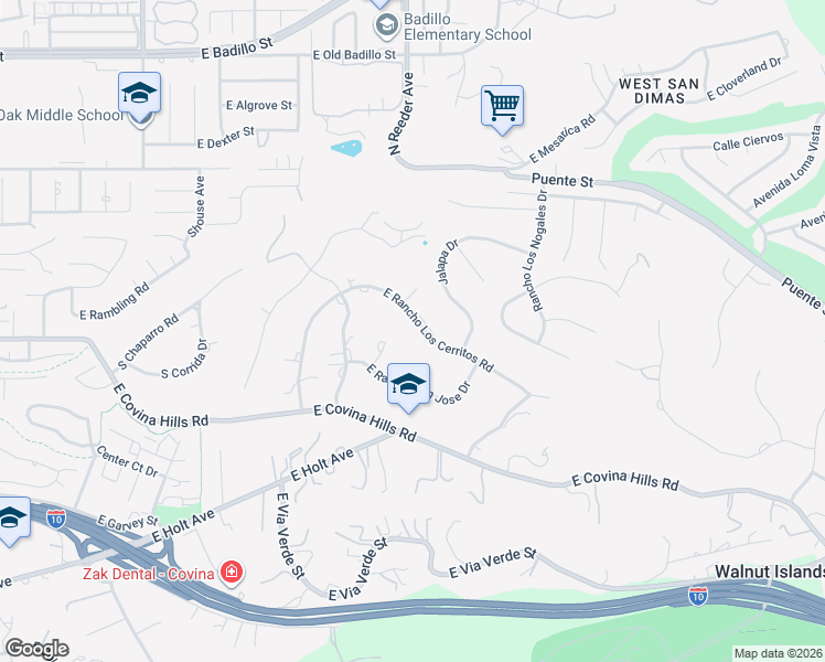 map of restaurants, bars, coffee shops, grocery stores, and more near 20550 East Rancho Los Cerritos Road in Covina
