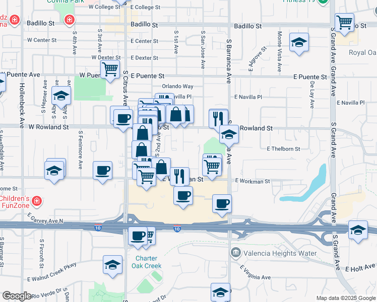 map of restaurants, bars, coffee shops, grocery stores, and more near 681 South 1st Avenue in Covina