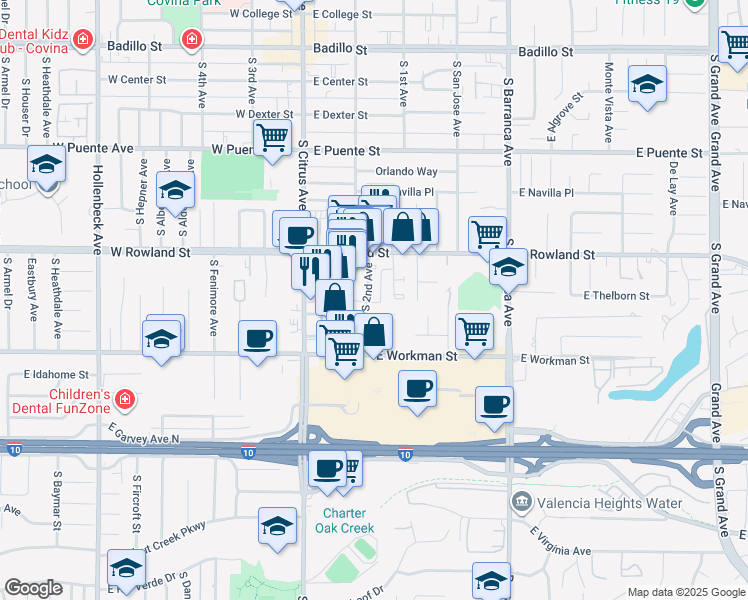map of restaurants, bars, coffee shops, grocery stores, and more near 269 East Loma Vista Street in Covina