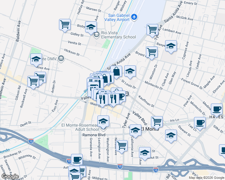 map of restaurants, bars, coffee shops, grocery stores, and more near 3725 Monterey Avenue in El Monte