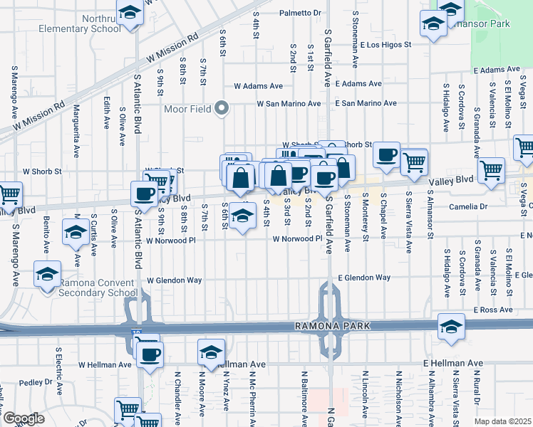 map of restaurants, bars, coffee shops, grocery stores, and more near 1428 South 4th Street in Alhambra