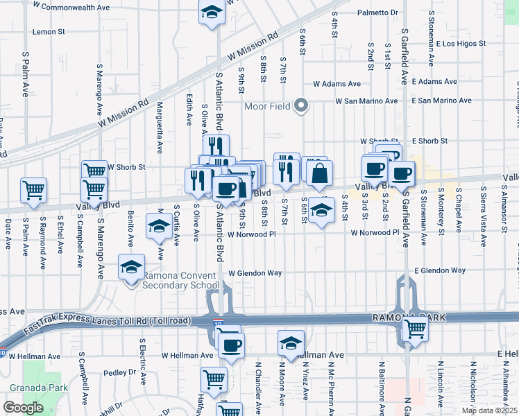 map of restaurants, bars, coffee shops, grocery stores, and more near 1502 South 9th Street in Alhambra