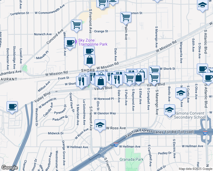 map of restaurants, bars, coffee shops, grocery stores, and more near 2300 West Valley Boulevard in Alhambra