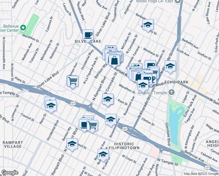 map of restaurants, bars, coffee shops, grocery stores, and more near 807 North Coronado Street in Los Angeles