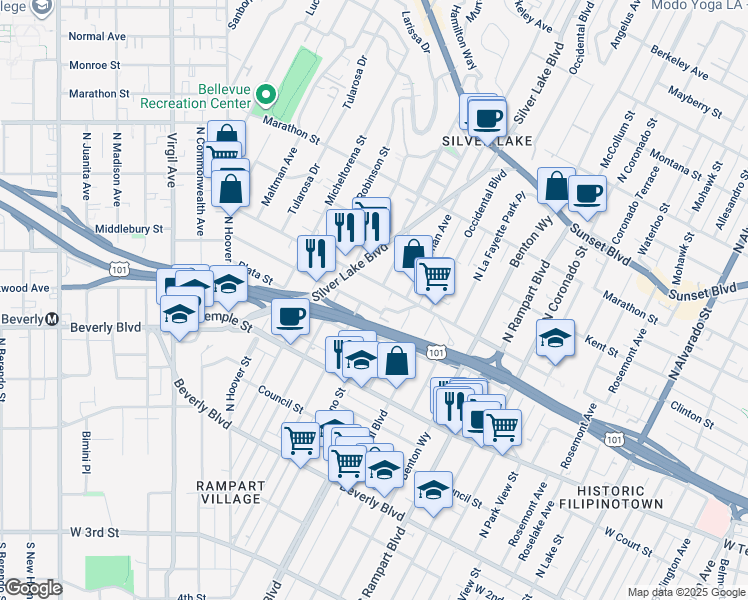 map of restaurants, bars, coffee shops, grocery stores, and more near 3001 London Street in Los Angeles