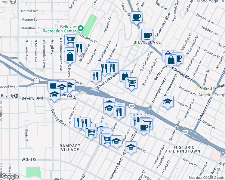 map of restaurants, bars, coffee shops, grocery stores, and more near 3001 London Street in Los Angeles