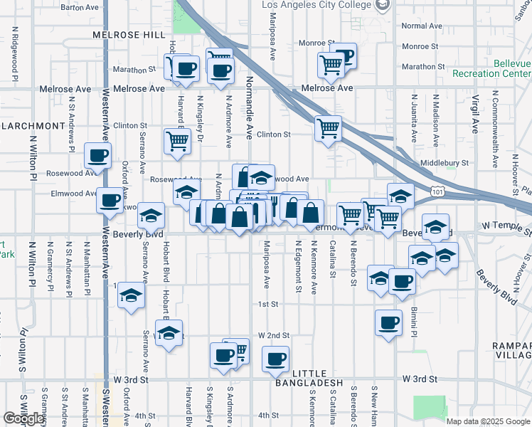 map of restaurants, bars, coffee shops, grocery stores, and more near 318 North Mariposa Avenue in Los Angeles