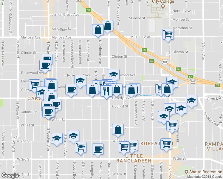 map of restaurants, bars, coffee shops, grocery stores, and more near 323 North Normandie Avenue in Los Angeles