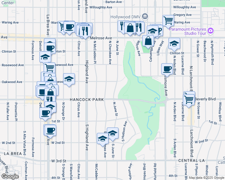 map of restaurants, bars, coffee shops, grocery stores, and more near 321 North June Street in Los Angeles
