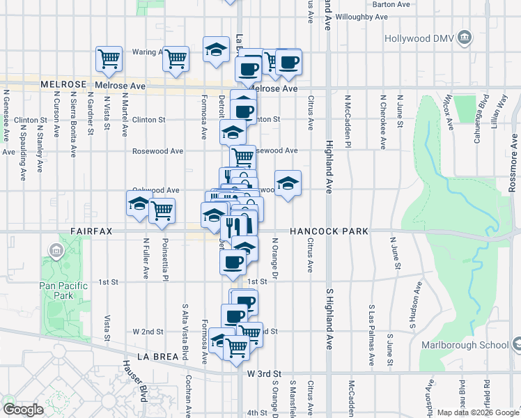 map of restaurants, bars, coffee shops, grocery stores, and more near 320 North Sycamore Avenue in Los Angeles