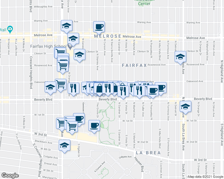 map of restaurants, bars, coffee shops, grocery stores, and more near 327 North Sierra Bonita Avenue in Los Angeles