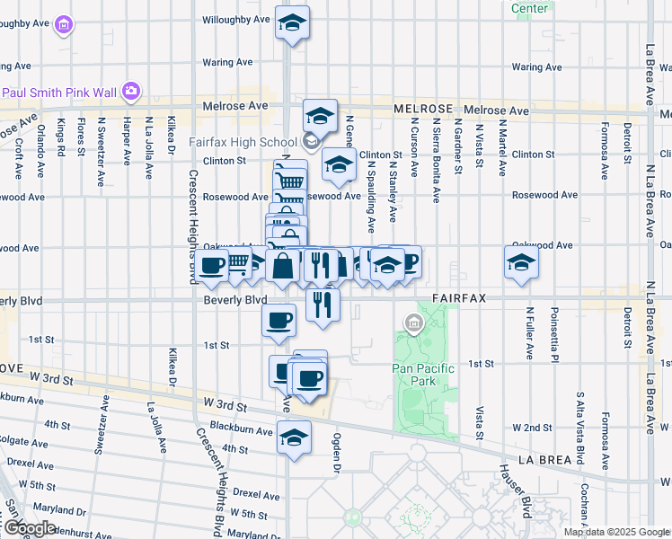 map of restaurants, bars, coffee shops, grocery stores, and more near 332 North Ogden Drive in Los Angeles