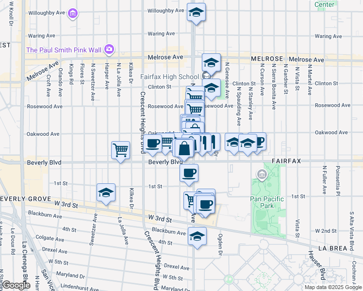 map of restaurants, bars, coffee shops, grocery stores, and more near 330 North Hayworth Avenue in Los Angeles