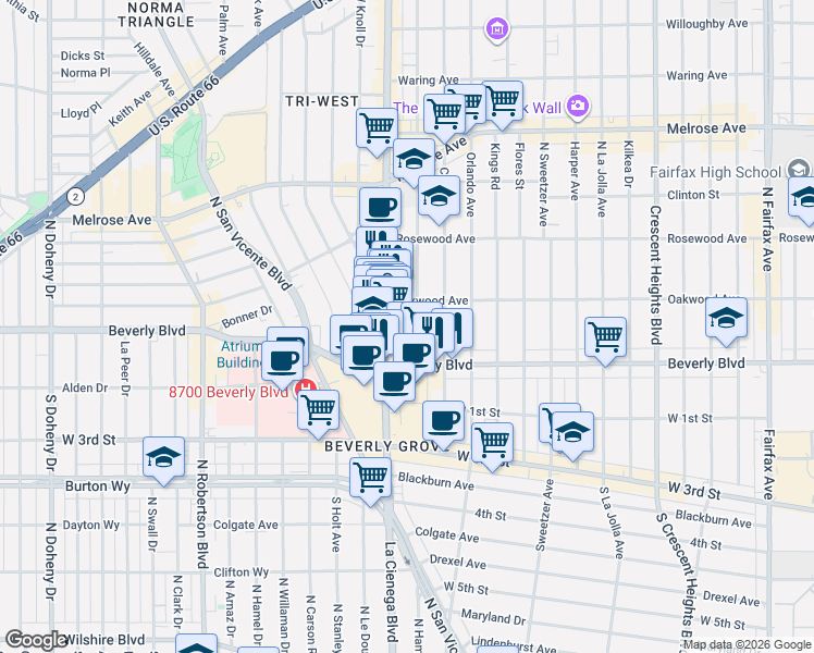 map of restaurants, bars, coffee shops, grocery stores, and more near 333 North Alfred Street in Los Angeles