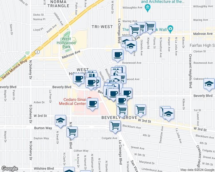 map of restaurants, bars, coffee shops, grocery stores, and more near 310 Huntley Drive in Los Angeles