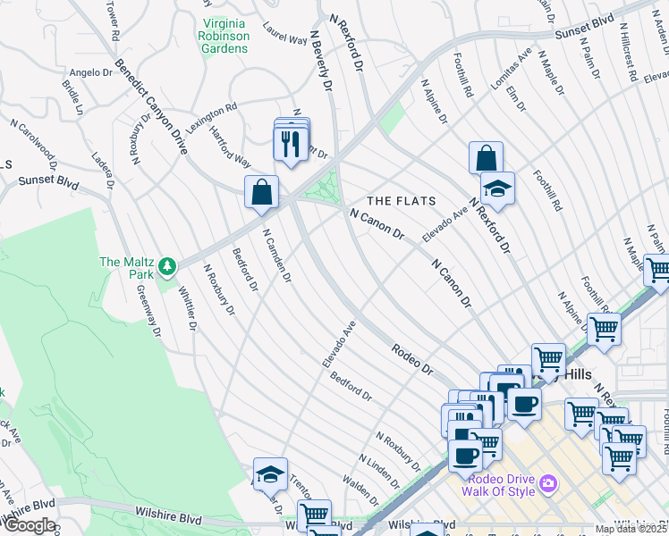map of restaurants, bars, coffee shops, grocery stores, and more near 718 North Rodeo Drive in Beverly Hills