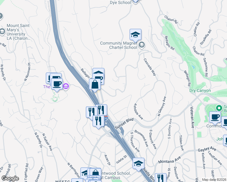 map of restaurants, bars, coffee shops, grocery stores, and more near 11647 Bellagio Road in Los Angeles