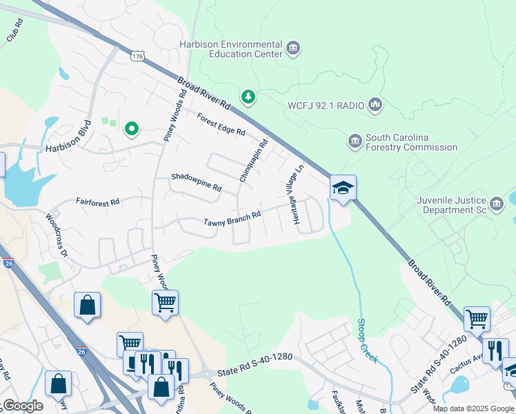 map of restaurants, bars, coffee shops, grocery stores, and more near 61B Battery Walk Court in Columbia