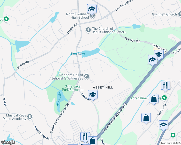 map of restaurants, bars, coffee shops, grocery stores, and more near 4640 Lambton Circle in Suwanee