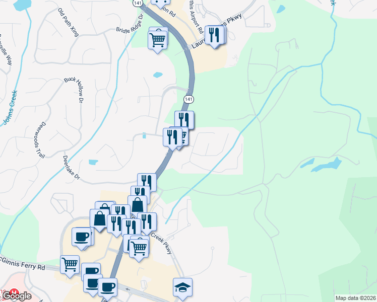 map of restaurants, bars, coffee shops, grocery stores, and more near 3520 Dalwood Drive in Suwanee