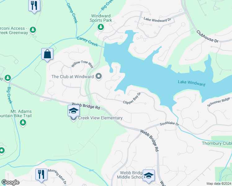 map of restaurants, bars, coffee shops, grocery stores, and more near 115 Staghound Court in Alpharetta