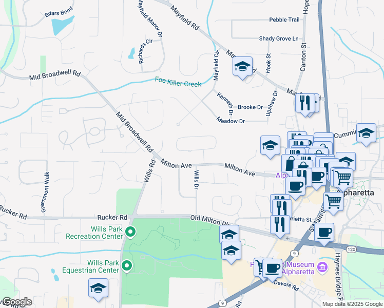 map of restaurants, bars, coffee shops, grocery stores, and more near 417 Lynne Circle in Alpharetta