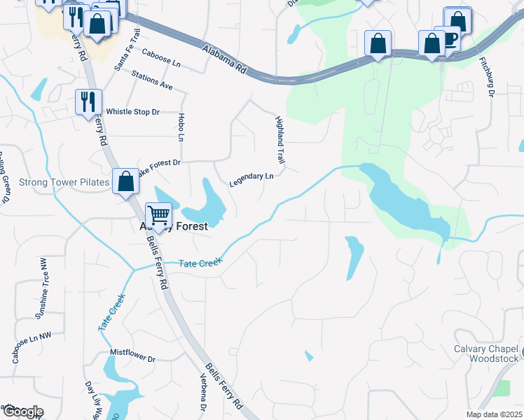 map of restaurants, bars, coffee shops, grocery stores, and more near 5174 Ridge Tarn in Acworth