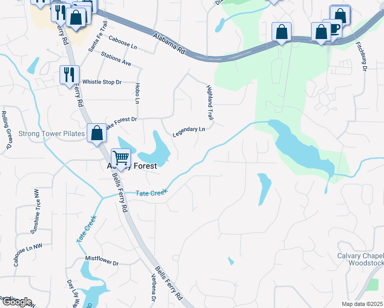 map of restaurants, bars, coffee shops, grocery stores, and more near 5170 Ridge Tarn in Acworth