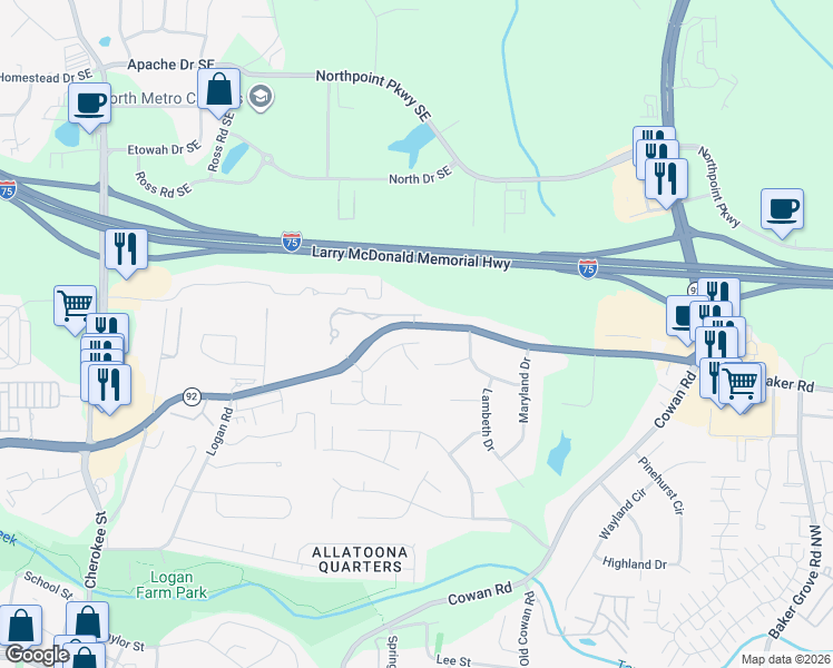 map of restaurants, bars, coffee shops, grocery stores, and more near 3904 Keystone Ridge in Acworth