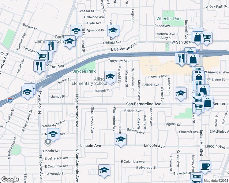 map of restaurants, bars, coffee shops, grocery stores, and more near 1874 Leslie Court in Pomona