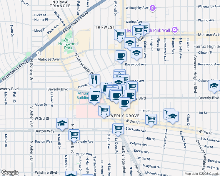 map of restaurants, bars, coffee shops, grocery stores, and more near 322 Huntley Drive in West Hollywood
