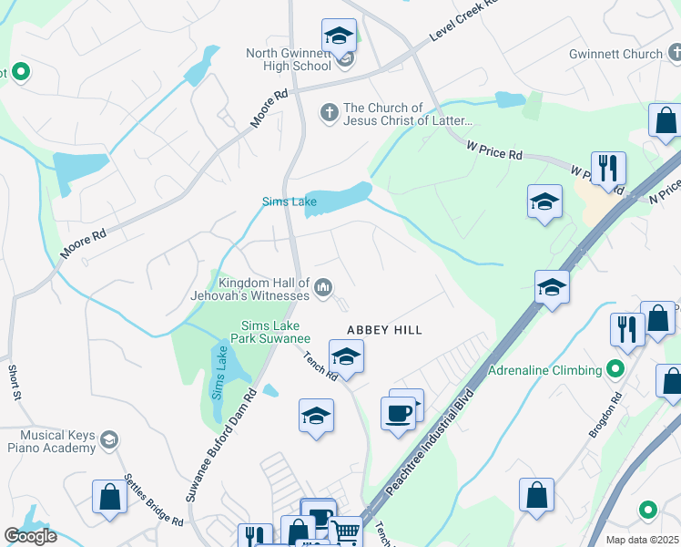map of restaurants, bars, coffee shops, grocery stores, and more near 4640 Lambton Circle in Suwanee