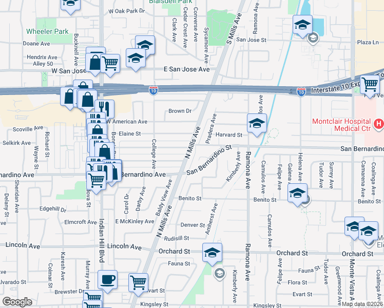 map of restaurants, bars, coffee shops, grocery stores, and more near 9733 South Mills Avenue in Montclair