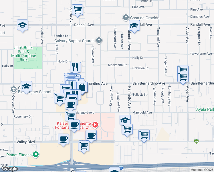 map of restaurants, bars, coffee shops, grocery stores, and more near 17143 San Bernardino Avenue in Fontana