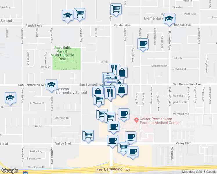 map of restaurants, bars, coffee shops, grocery stores, and more near 9714 Sierra Avenue in Fontana
