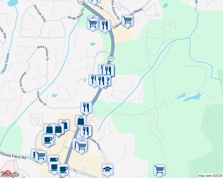 map of restaurants, bars, coffee shops, grocery stores, and more near 3520 Dalwood Drive in Suwanee