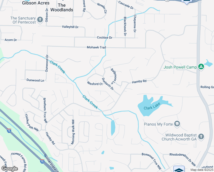 map of restaurants, bars, coffee shops, grocery stores, and more near 117 Dunlavin Drive in Acworth