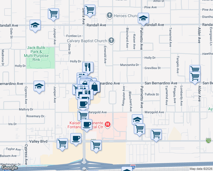 map of restaurants, bars, coffee shops, grocery stores, and more near 17055 San Bernardino Avenue in Fontana